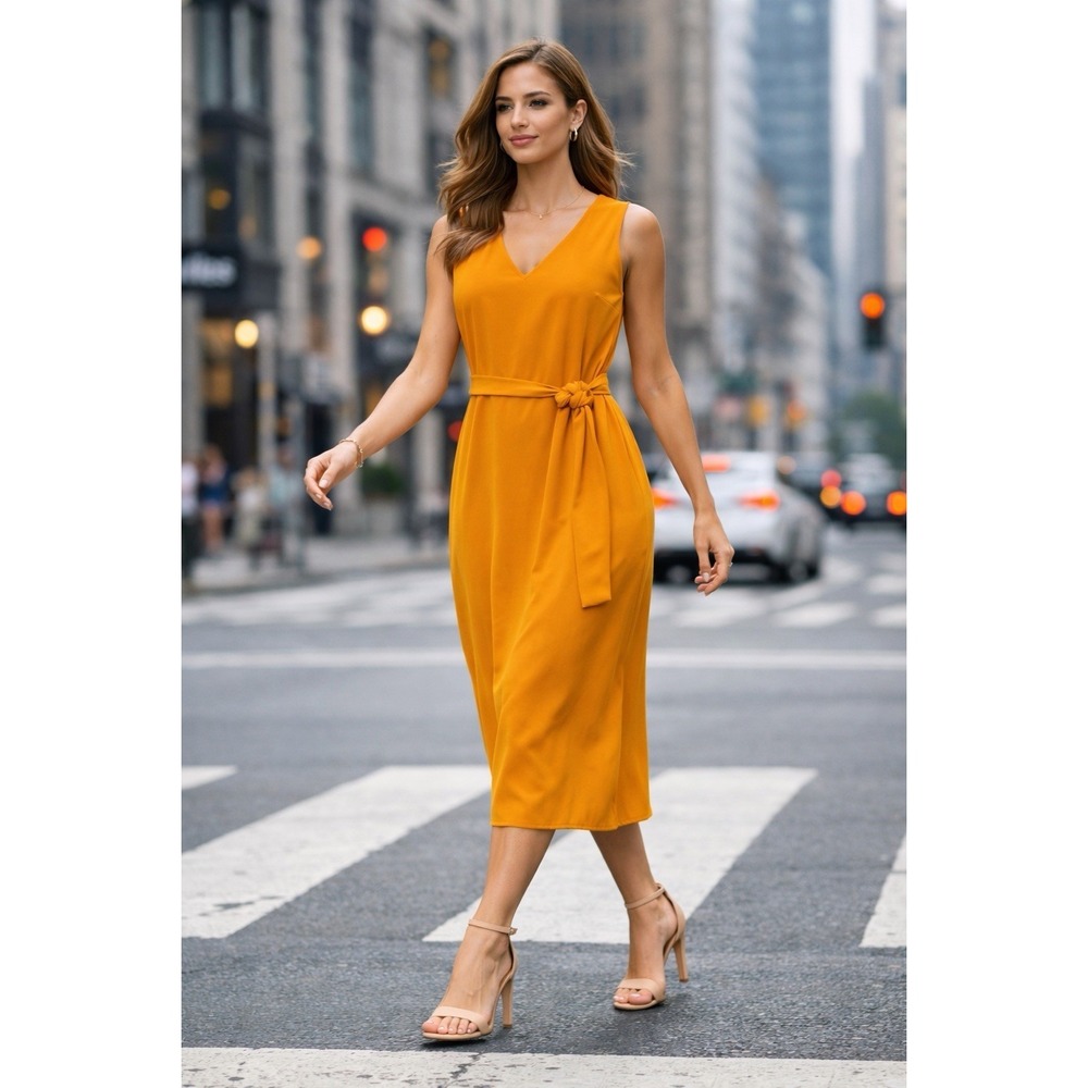 Ann Taylor Petite Women Golden Yellow Tie Waist Sleeveless Long Dress 10P